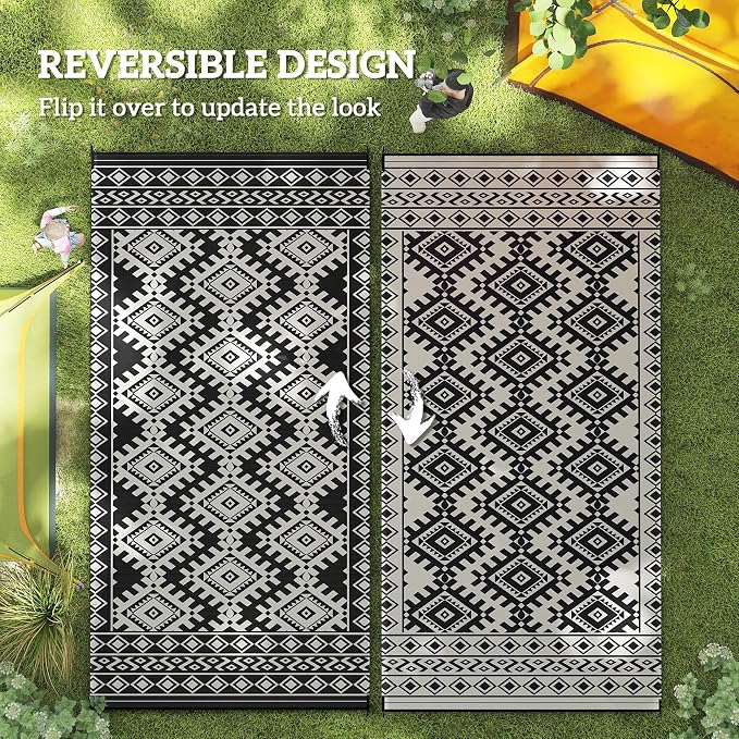 Outsunny Outdoor Rug for Patio, 9' x 18' Waterproof Large Mat, Reversible Plastic Straw Rug for Decor, Portable Outside RV Camping Area Carpet Mat for Backyard Porch Deck Picnic, Black & White Rhombus