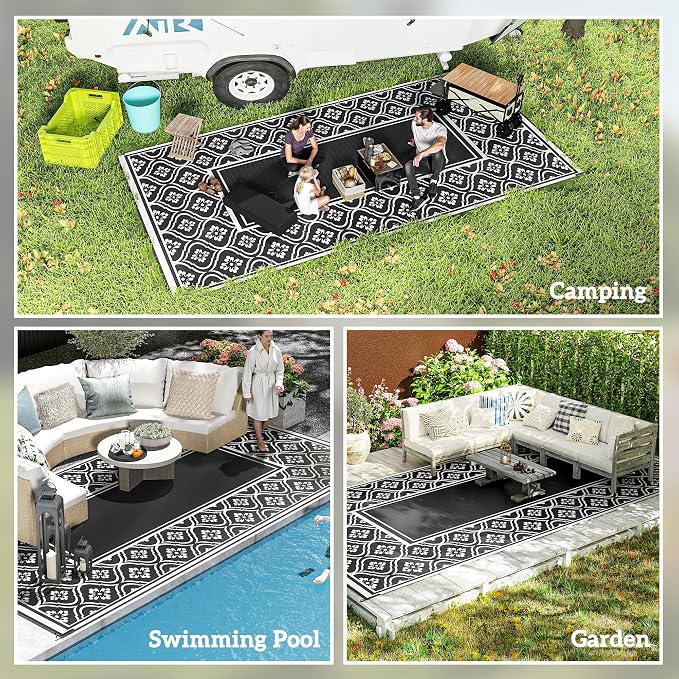 Outsunny Outdoor Rug for Patio, 9' x 18' Waterproof Large Mat, Reversible Plastic Straw Rug for Decor, Portable Outside RV Camping Area Carpet Mat for Backyard Porch Deck Picnic, Black & White Gourd