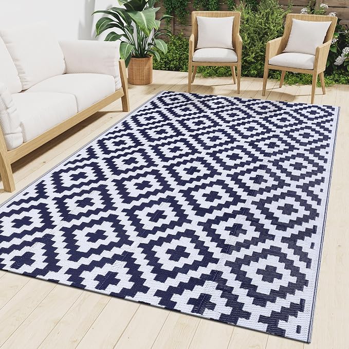 Smiry Waterproof Outdoor Rug 9X18 ft, Reversible Plastic Straw Patio Camping Rugs, Outdoor Indoor RV Mat Carpet for Patio, Outside Entry, Backyard, Deck, Bench, Picnic, Camper, White & Navy