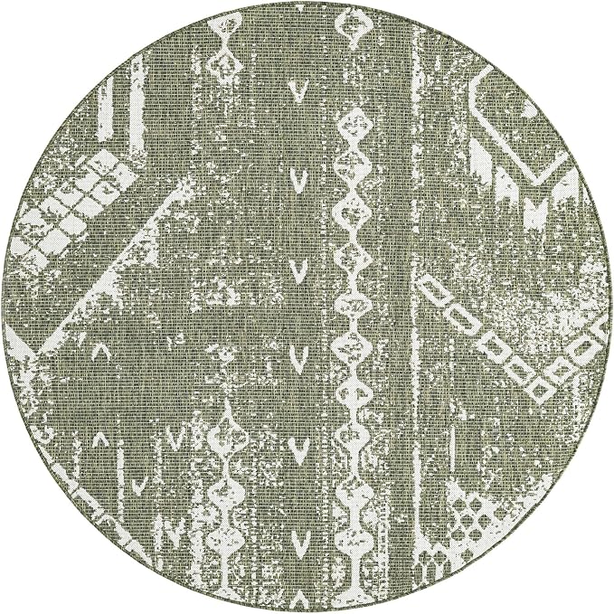 Unique Loom Outdoor Bohemian Collection Area Rug - Anthro (6' 1" Round, Green/ Ivory)