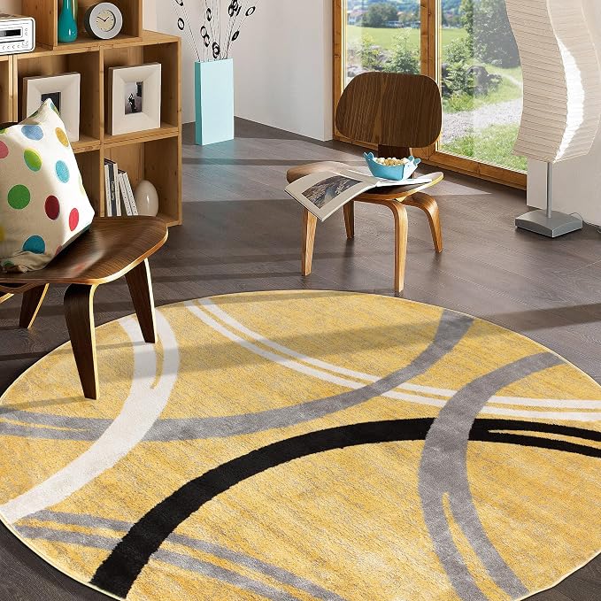 Rugshop Wavy Circles Fade-Resistant Living Room Round Rug Yellow 6'6" | Round, Bedroom, Dining Room, Home Office, Kitchen, Entryway, Hallway, Nursery, Kids Room, Guest Room, High Traffic Area
