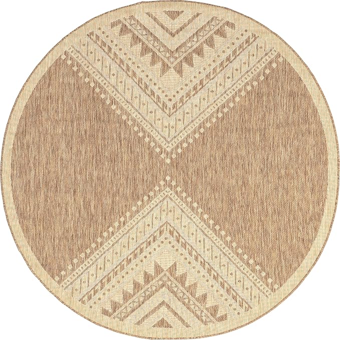 Nuloom Outdoor Performance Collection Landry Brown/Ivory, 6'7" Round, Soft, High Traffic, Stain Resistant, Easy Clean, Durable Area Rug for Indoor/Outdoor Patio, Deck, Porch, Garden, Courtyard