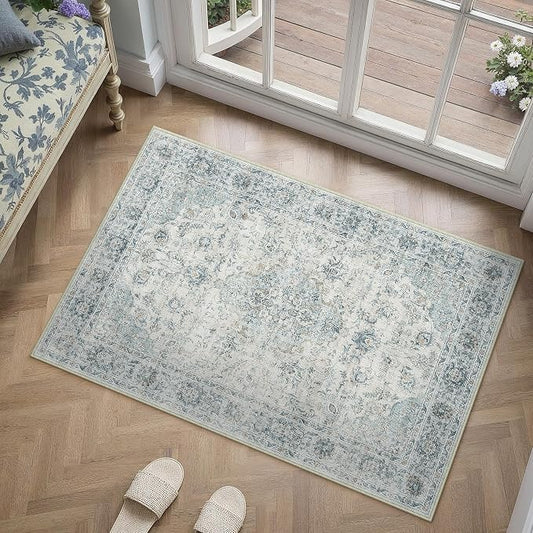 HUGEAR 2x3 Entryway Area Rug Retro Light Blue Small Rug Machine Washable Door Mat Vintage Floral Low Pile Carpet Distressed Throw Rug Entrance Kitchen Bedroom Non Slip Soft Lightweight