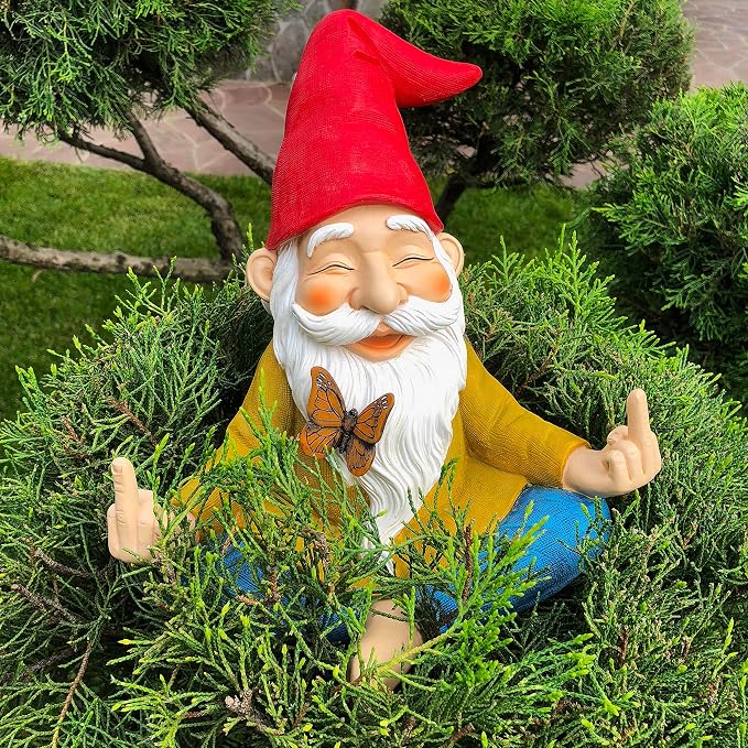 Mood Lab Zen Garden Gnome - Relaxed Yoga Gnome with Middle Finger - 9.25 Inch Tall Outdoor or Indoor Decor