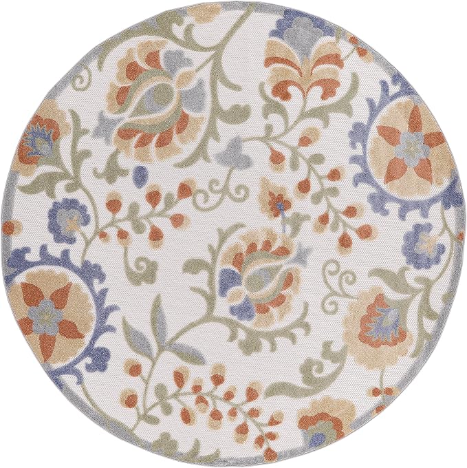 Nourison Home Aloha Ivory Blue 5'3" x Round Area Rug - Easy Clean, Non Shedding, Bed Room, Living Room, Dining Room, Kitchen (5' x Round)