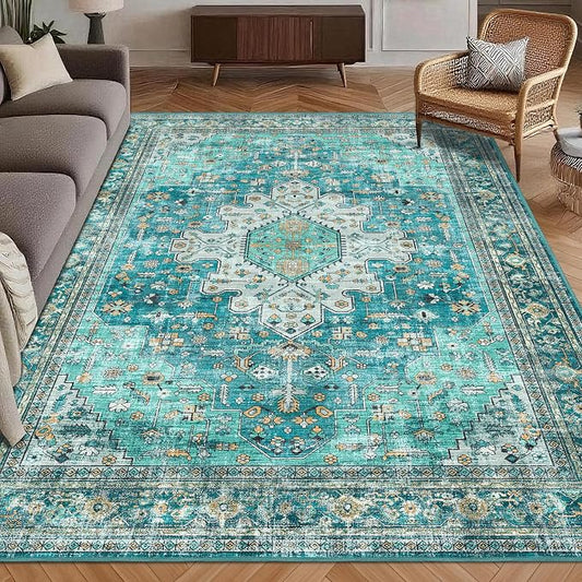 Washable Area Rug 9' x 12' Vintage Traditional Persian Mat - Foldable Distressed Non-Slip Machine Washable Carpet for Living Room Bedroom Kitchen Home Decor - Teal and Gold