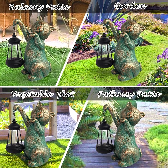 Cat Garden Statue Outdoor Décor with Solar Lights Lantern,Cat Solar Light Figurines Outside Decorations for Yard，Lawn Patio, Balcony, Unique Housewarming Gifts