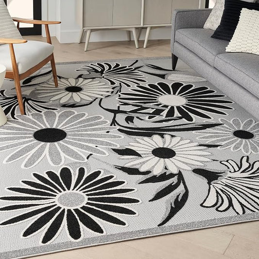 Nourison Home Aloha Black White 5'3" x 7'5" Area Rug - Easy Clean, Non Shedding, Bed Room, Living Room, Dining Room, Kitchen (5' x 8')
