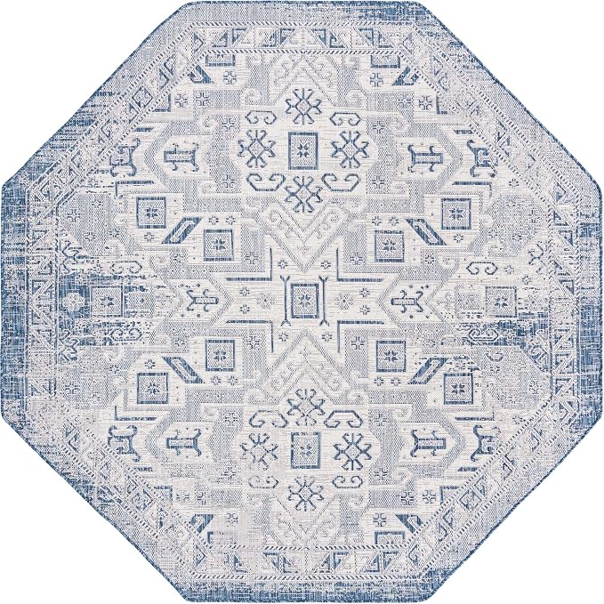Unique Loom Outdoor Aztec Collection Area Rug - Coba (7' 10" Octagon, Blue/ Ivory)