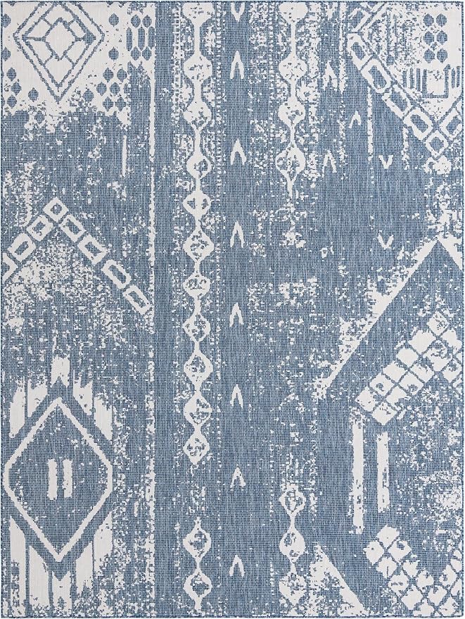 Unique Loom Outdoor Bohemian Collection Area Rug - Anthro (9' x 12' Rectangle, Blue/ Ivory)