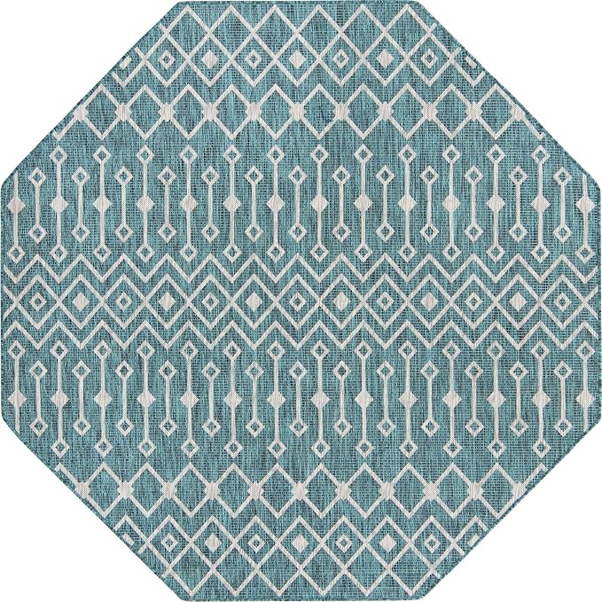 Unique Loom Outdoor Trellis Collection Area Rug - Tribal Trellis (7' 10" Octagon, Teal/ Ivory)