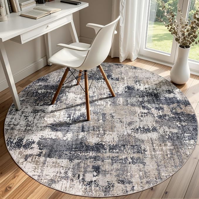 Sasttie 4ft Round Area Rug, Modern Abstract Circle Carpet, Black & Beige | Machine Washable, Ultra-Soft Faux Wool, Low Pile, Non-Slip, Lightweight, Thin, for Living Room, Bedroom, Dinning Room & Dorm