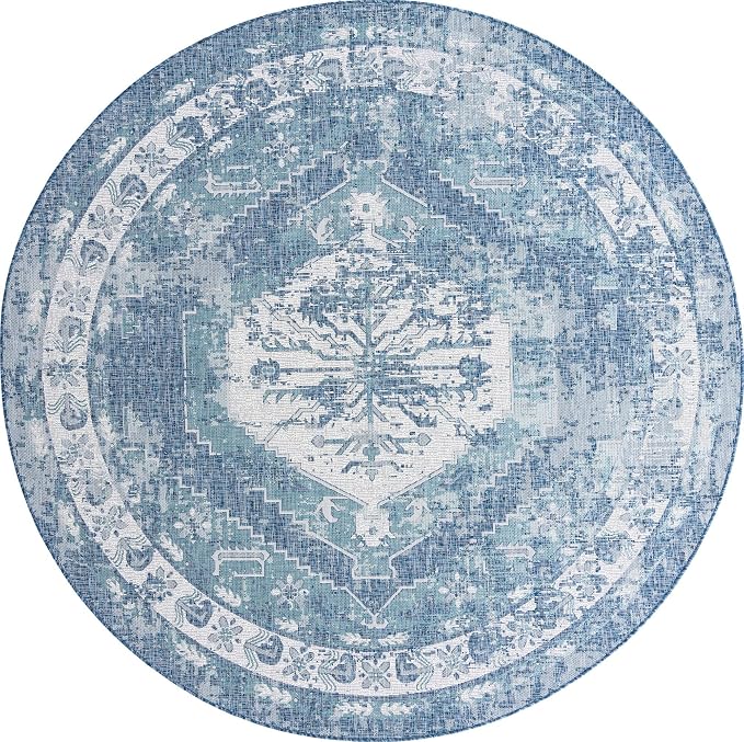 Unique Loom Outdoor Traditional Collection Area Rug - Valeria (10' Round, Blue/ Ivory)