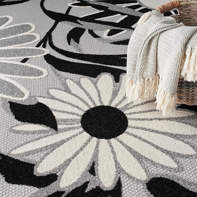 Nourison Home Aloha Black White 5'3" x 7'5" Area Rug - Easy Clean, Non Shedding, Bed Room, Living Room, Dining Room, Kitchen (5' x 8')