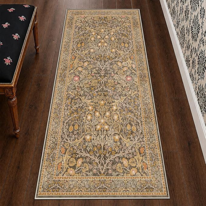 Non Slip 2x5 Gold Brown Bathroom Runner Rug - Small Runner Rugs, Washable Kitchen Floor Mat, Bedroom, Laundry Room, Hallway Runner - Vintage Oriental Décor