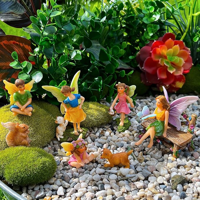 Mood Lab Fairy Garden Figurines with Animals - Miniature Decorative Statues & Accessories Set (8 pcs) - Outdoor & Indoor Garden Decor