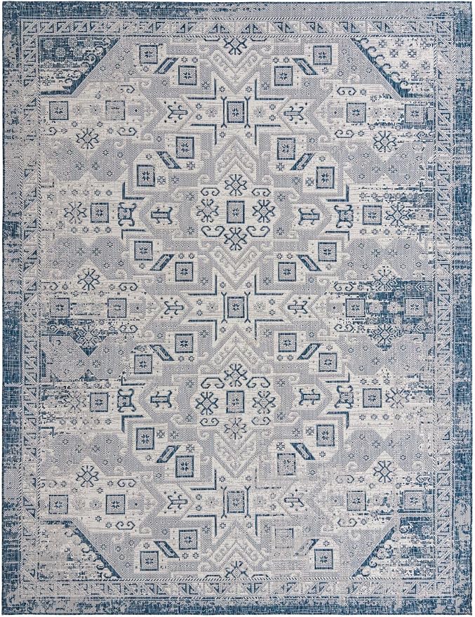 Unique Loom Outdoor Aztec Collection Area Rug - Coba (10' x 13' 1" Rectangle, Blue/ Ivory)