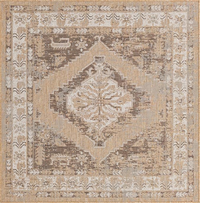 Unique Loom Outdoor Traditional Collection Area Rug - Valeria (5' 3" Square, Natural/ Ivory)