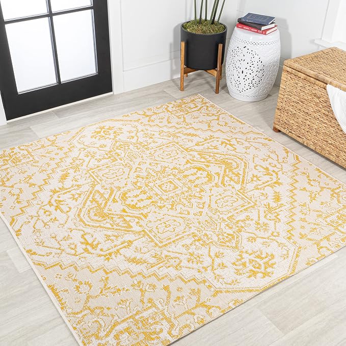 JONATHAN Y Boho Medallion Indoor Outdoor Square Area Rug 5X5 Cream/Yellow, Estrella Textured Weave for Backyard, Patio, Porch, Easy-Cleaning, High Traffic, Pet-Friendly, Non-Shedding (SMB105H-5SQ)