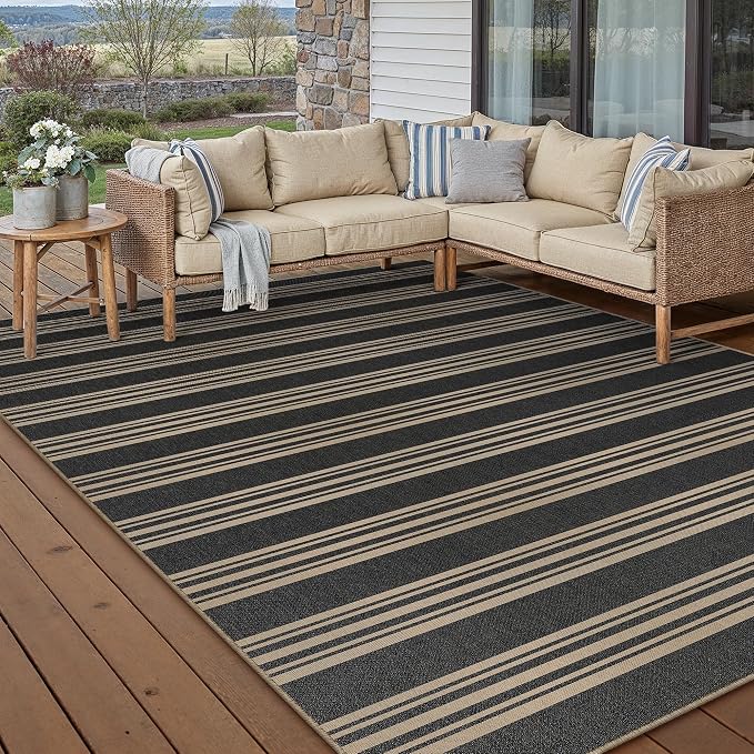 PureCozy Striped Easy Jute Rug 9x12 Black Living Room Carpet Washable Non Slip Bedroom Rug Farmhouse Neutral Non Shedding Indoor Outdoor Large Carpet for Dining Room Under Table Office