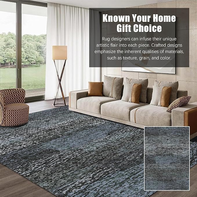 Washable Area Rug - 1/6 Thick - Stain & Water Resistant Non-Slip - Resistant Rug for Living Room, Bedroom, Nursery, Pet & Child Friendly, Vintage Charm Area Rugs (Darkgrey+Bule, 5' x 7')