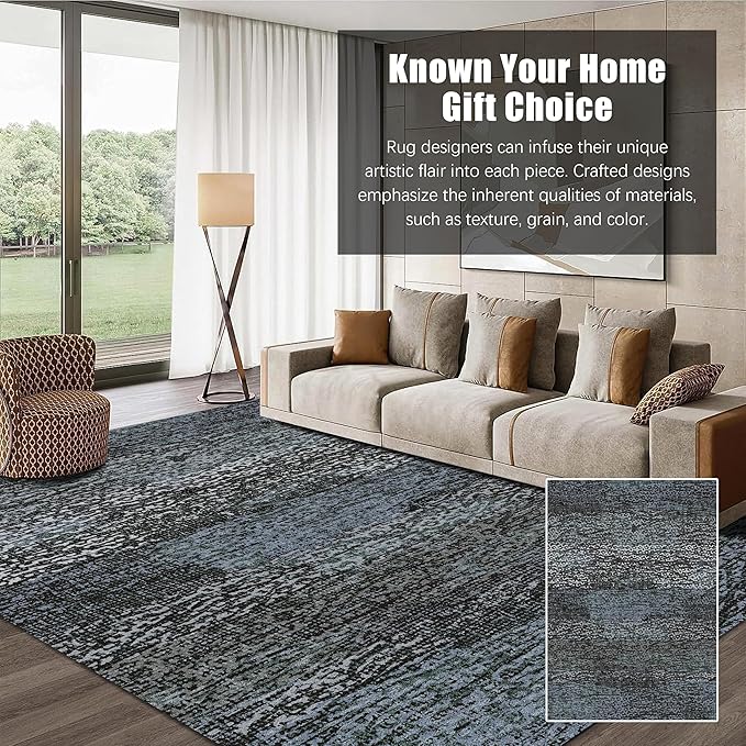 Washable Area Rug - 1/6 Thick - Stain & Water Resistant Non-Slip - Resistant Rug for Living Room, Bedroom, Nursery, Pet & Child Friendly, Vintage Charm Area Rugs (Darkgrey+Bule, 9' x 12')