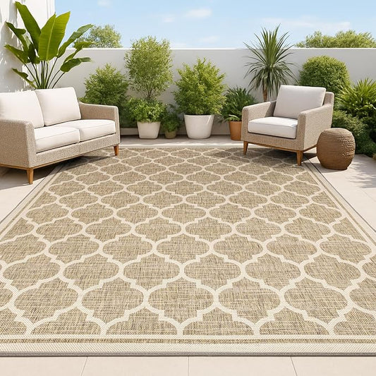 JONATHAN Y Moroccan Trellis Indoor Outdoor Area Rug 5X8 Brown/Beige, Trebol Textured Weave for Backyard, Patio, Porch, Easy-Cleaning, High Traffic, Pet-Friendly, Non-Shedding (SMB109A-5)