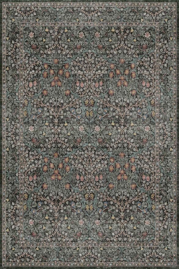 Dark Green 4x6 Entryway Rug, Washable Area Rug 4x6 for Living Room, Bedroom, Large Kitchen, Ultra Soft Non Slip Stain Resistance, Floral Distressed Aethestic Design