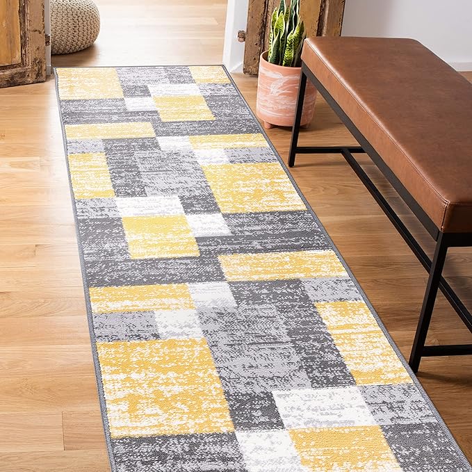 Rugshop Oslo Modern Geometric Fade-Resistant Runner Rug Yellow 2' x 7' | Rectangular, Size 2' x 7', Living Room, Bedroom, Dining Room, Home Office, Kitchen, Entryway, Hallway, Nursery, Kids Room