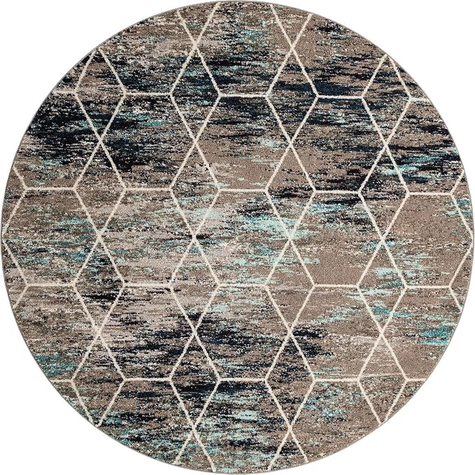 Unique Loom Trellis Frieze Collection Area Rug - Geometric (8' Round, Blue Multi/ Ivory)
