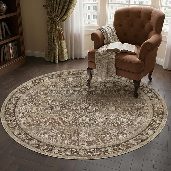 HUGEAR Round Rug 4ft Entryway Rugs Machine Washable Brown Hallway Area Rug 4x4 Small Circle Accent Rug Floral Low Pile Carpet Soft Throw Rug Living Room Office Laundry Room Entrance Non Slip