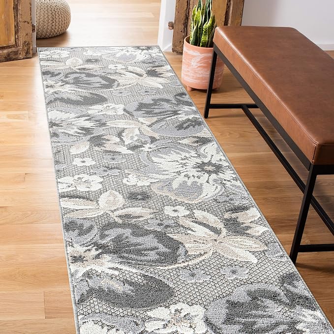 Rugshop Bergamo Contemporary Floral Non-Shedding Easy Cleaning Patio Deck Backyard Indoor/Outdoor Runner Rug 2' x 7' Gray