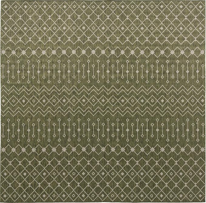 Unique Loom Outdoor Trellis Collection Area Rug - Tribal Trellis (13' Square, Green/ Natural)