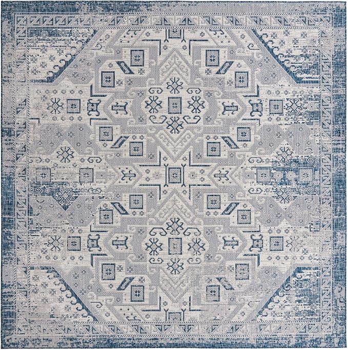 Unique Loom Outdoor Aztec Collection Area Rug - Coba (10' Square, Blue/ Ivory)