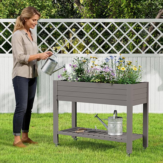 33.7" Tall Raised Garden Bed with Wheels, Divisible Plastic Planter Box with Drainage Gauge & Storage Shelf, Herb Garden Planter for Garden Patio Backyard, Gray (33.7" h)
