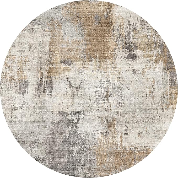 Machine Washable Area Rug - Living Room Bedroom Bathroom Kitchen Entryway Office - Padded Low Pile Stain Resistant Premium - Modern Abstract Contemporary - Quinn - Beige 6' Round