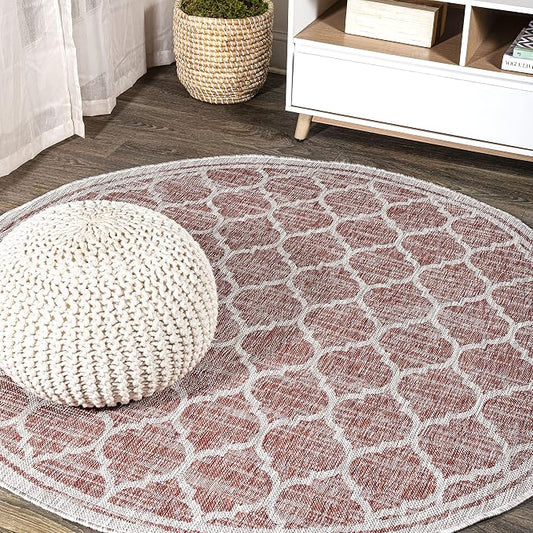 JONATHAN Y Moroccan Trellis Indoor Outdoor Round Area Rug 3 Ft Red/Beige, Trebol Textured Weave for Backyard, Patio, Porch, Easy-Cleaning, High Traffic, Pet-Friendly, Non-Shedding (SMB109C-3R)