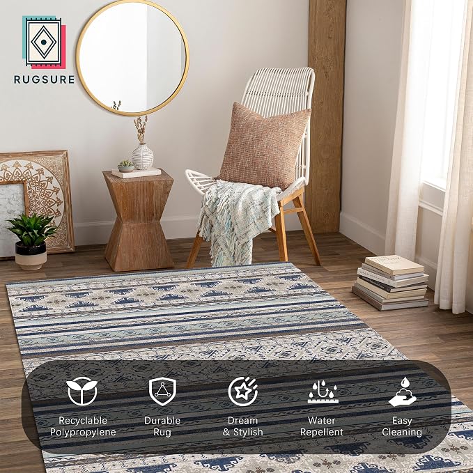 Washable Area Rugs 8' x 10' - 1/6 Thick - Moroccan-Inspired -Stain & Water Resistant Non-Slip - Resistant Rug for Living Room, Bedroom, Nursery, Pet & Child Friendly (Blue and Brown)