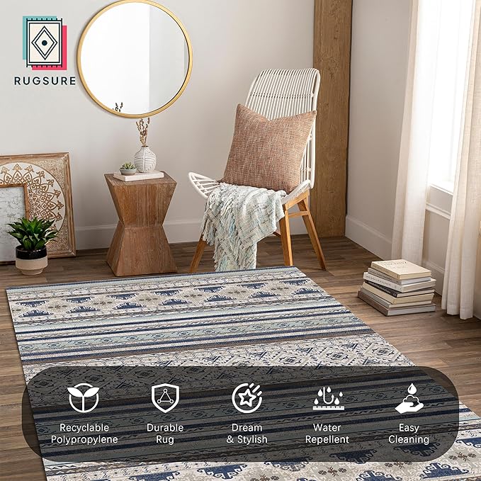 Washable Area Rugs 6' x 9' - 1/6 Thick - Moroccan-Inspired -Stain & Water Resistant Non-Slip - Resistant Rug for Living Room, Bedroom, Nursery, Pet & Child Friendly (Blue and Brown)