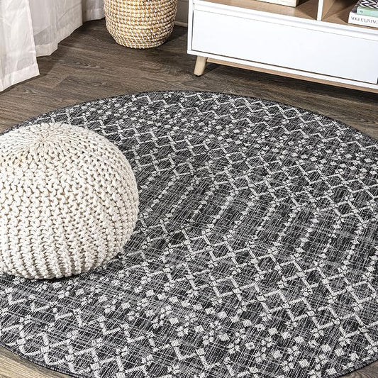 JONATHAN Y Moroccan Geometric Indoor Outdoor Round Area Rug 6 Ft Black/Gray, Ourika Textured Weave for Backyard, Patio, Porch, Easy-Cleaning, High Traffic, Pet-Friendly, Non-Shedding (SMB108F-6R)