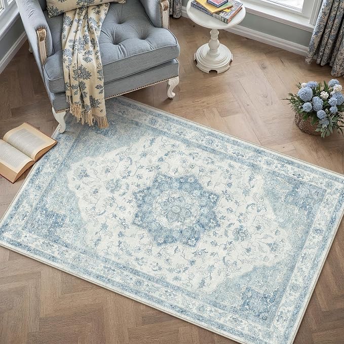 Blue 3x5 Washable Area Rug Entryway Vintage Oriental Doormat | Soft Low Pile, Non Slip, Stain Resistant, Floral Medallion, Neutral Retro Decor for Kitchen, Bathroom, Bedroom, Office
