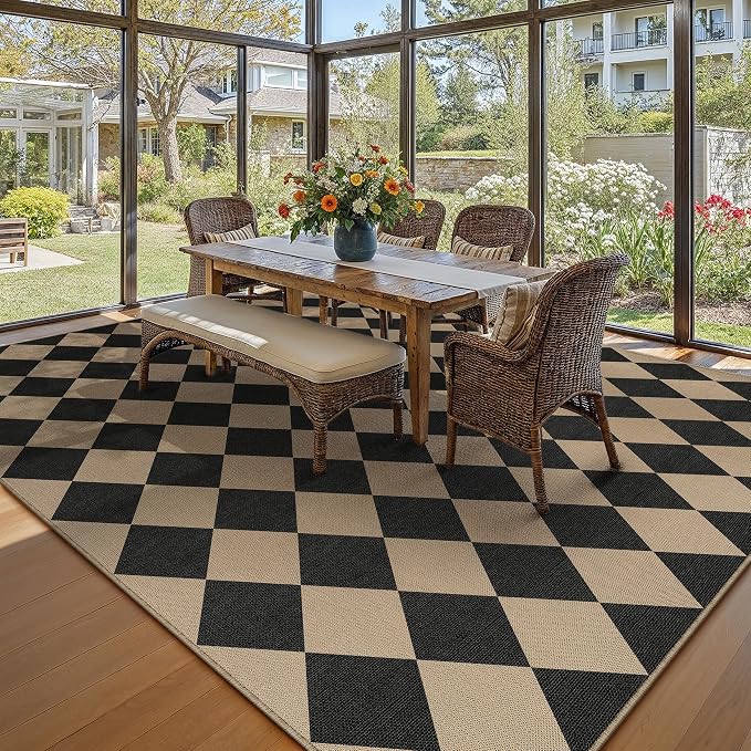 PureCozy 8x10 Checkered Easy Jute Area Rug for Living Room Large Checkerboard Washable Indoor Outdoor Carpet Farmhouse Patio Office Mat Geometric Non Slip Black Carpet for Backyard Dining Room