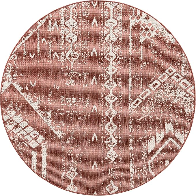 Unique Loom Outdoor Bohemian Collection Area Rug - Anthro (6' 1" Round, Rust Red/ Ivory)