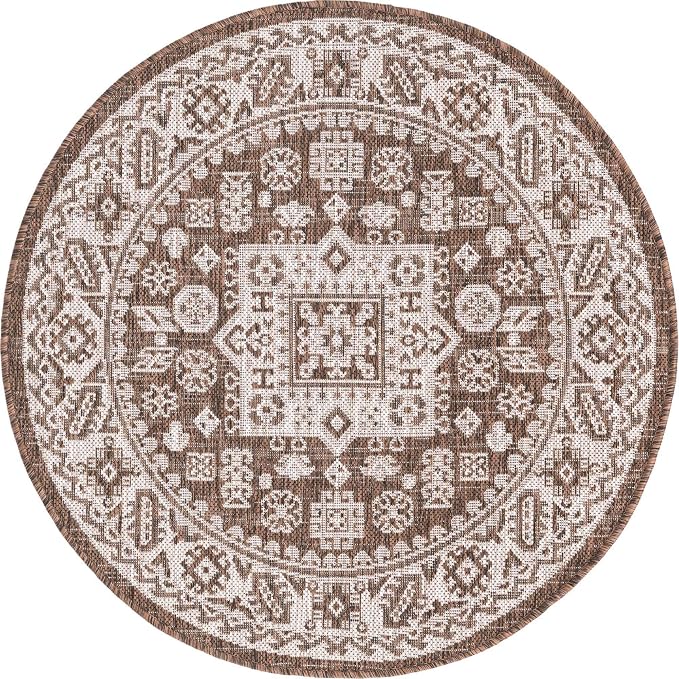 Unique Loom Outdoor Aztec Collection Area Rug - Chalca (3' 3" Round, Brown/ Ivory)
