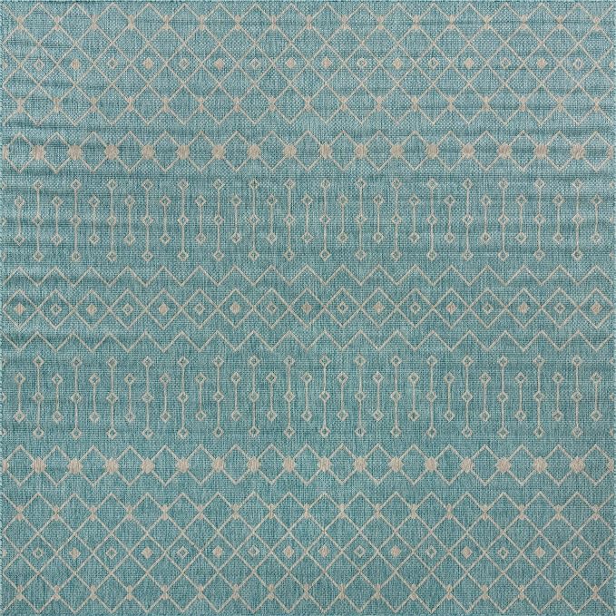 Unique Loom Outdoor Trellis Collection Area Rug - Tribal Trellis (10' 8" Square, Aqua/ Ivory)