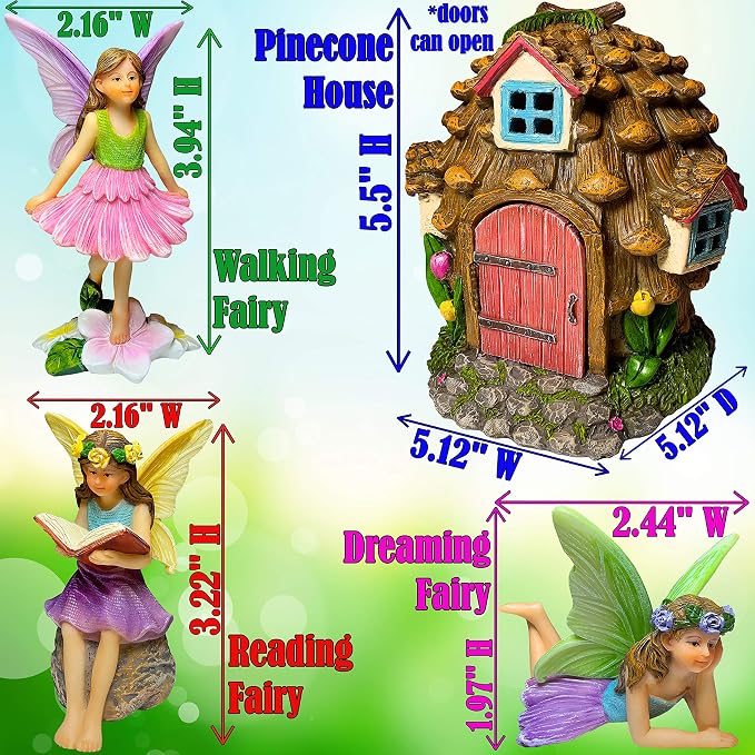 Mood Lab Fairy Garden Figurines - Pinecone Fairy House Set (4 pcs) - Miniature Decorative Statues & Accessories - Outdoor & Indoor Garden Decor