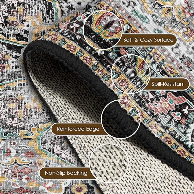 Washable Area Rug 4' x 6' Vintage Traditional Persian Mat - Foldable Distressed Non-Slip Machine Washable Carpet for Living Room Bedroom Kitchen Home Decor - Slate and Multicolor