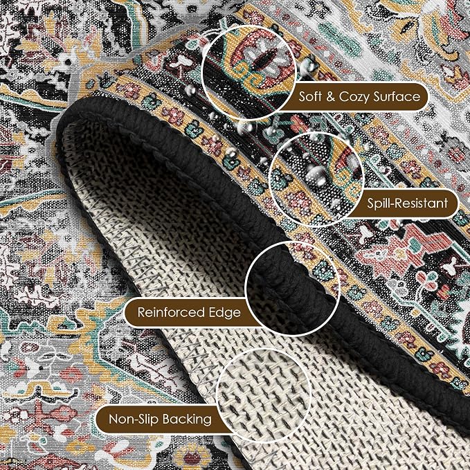 Washable Area Rug 8' x 10' Vintage Traditional Persian Mat - Foldable Distressed Non-Slip Machine Washable Carpet for Living Room Bedroom Kitchen Home Decor - Slate and Multicolor