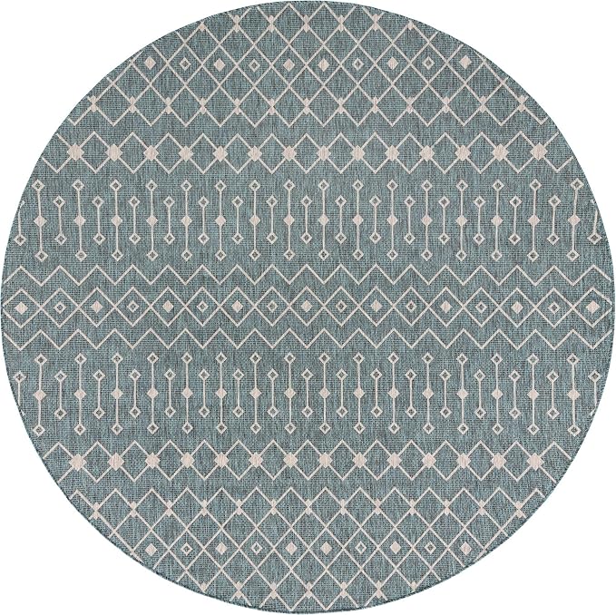 Unique Loom Outdoor Trellis Collection Area Rug - Tribal Trellis (10' 8" Round, Teal/ Ivory)