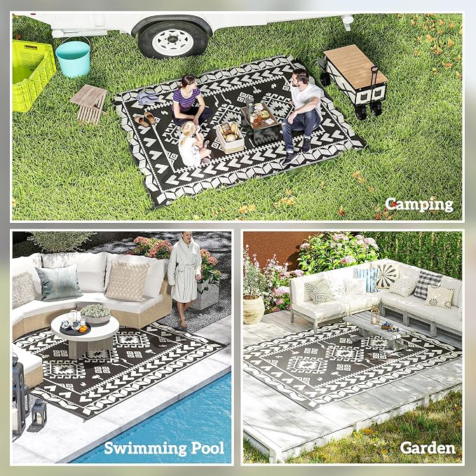 Outsunny Outdoor Rug for Patio, 8' x 10' Waterproof Large Mat, Reversible Plastic Straw Rug for Decor, Portable Outside RV Camping Area Carpet Mat for Backyard Porch Deck Picnic, Black & White Rhombus